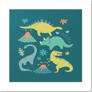 Kawaii Dinosaur in Teal, Yellow, Coral Posters and Art